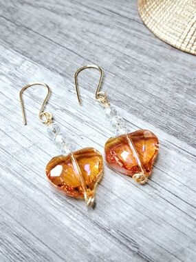 Gold-Tone Iridescent Orange Heart Drop Earrings